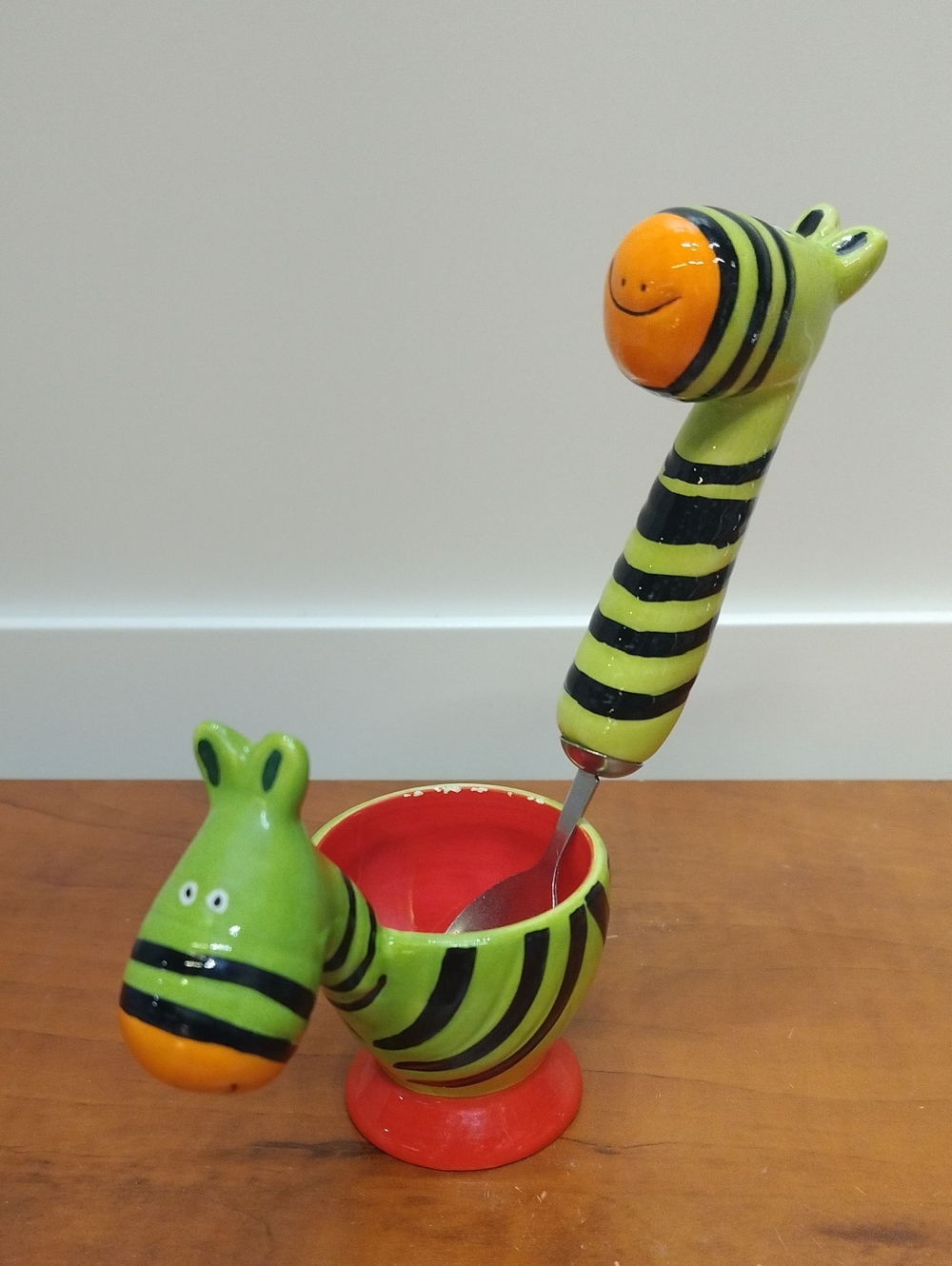 Kids Ceramic Zebra Spoon and Egg Cup Set - Green & Orange